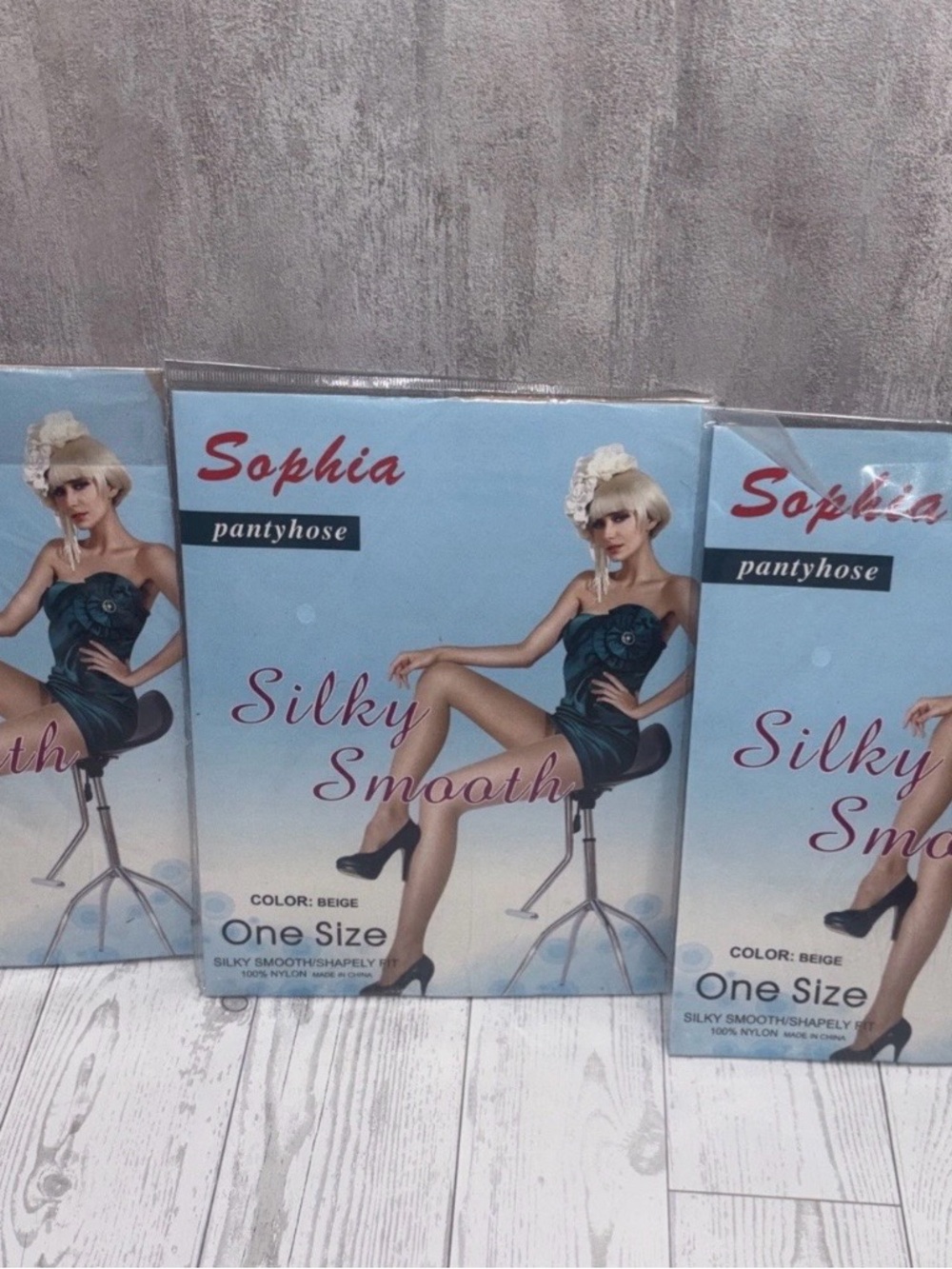 Set of THREE Vintage Sophia Super Sheer Pantyhose Stocking BEIGE 90-165lb NEW